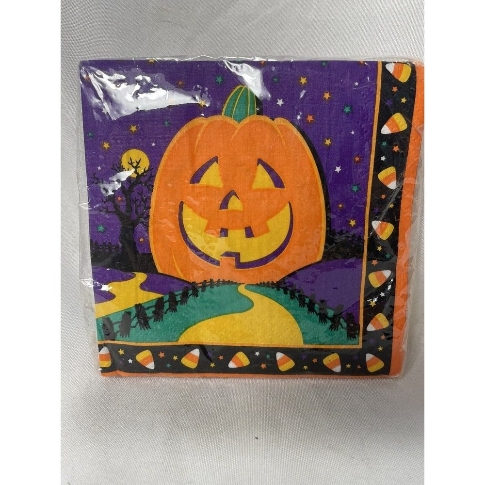 Vintage Halloween Orange Pumpkin Candy Corn Amscan Beverage Napkins 16 3-ply